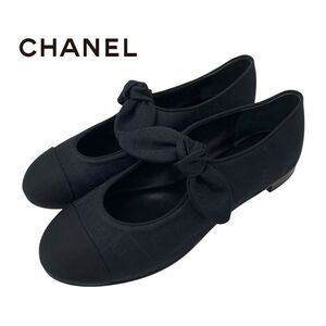 Chanel Flat Shoes Fabric Black Unused Mary Jane Here Mark Ribbon